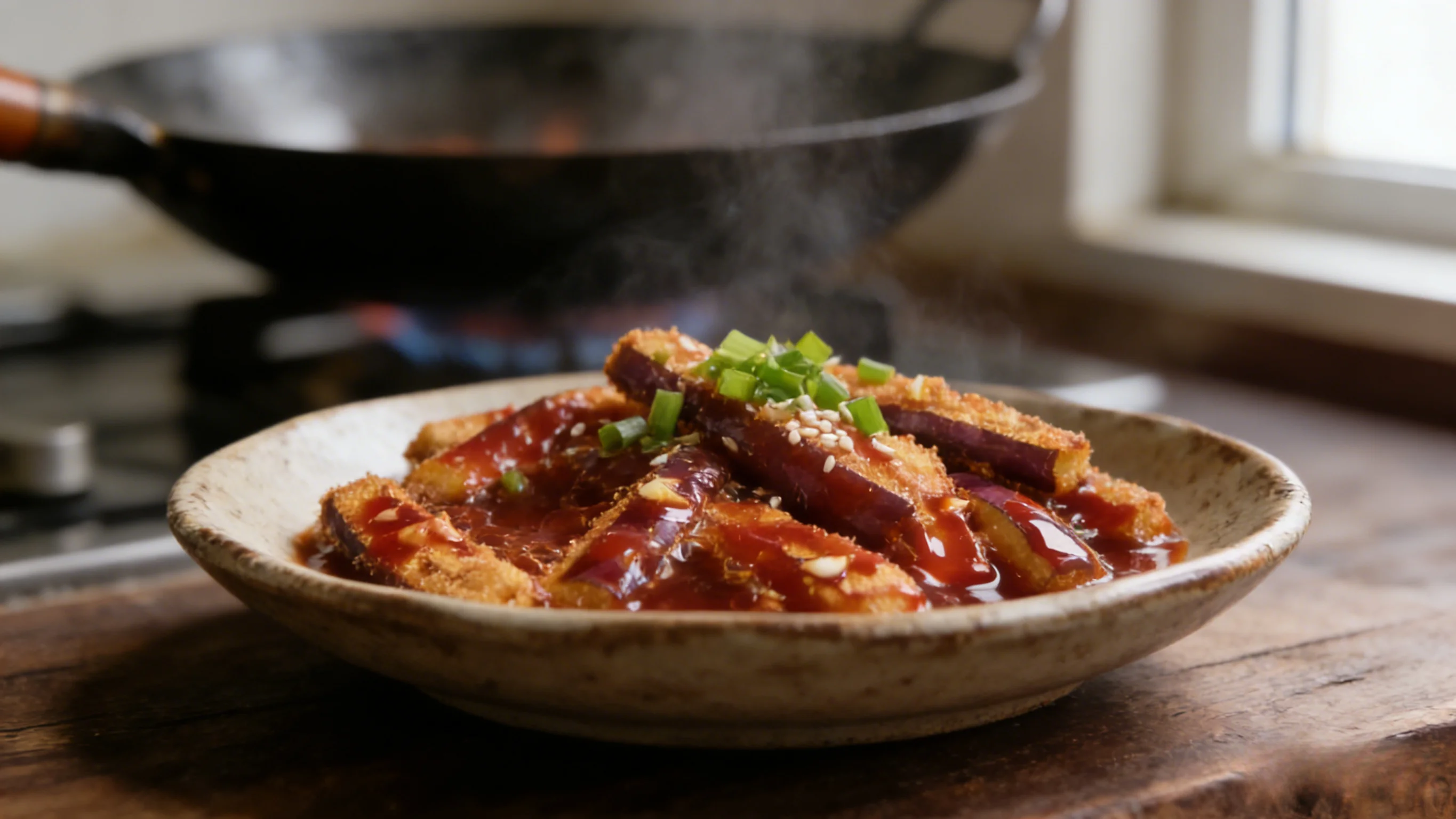 Final plated crispy sauce glazed eggplant with rice